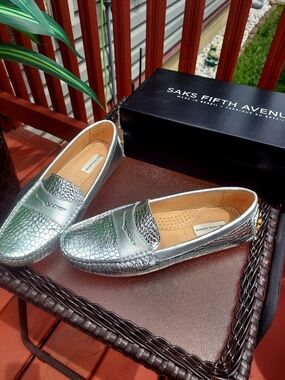 Saks Fifth Avenue Silver Croc-Embossed Leather Slip-On Loafers
